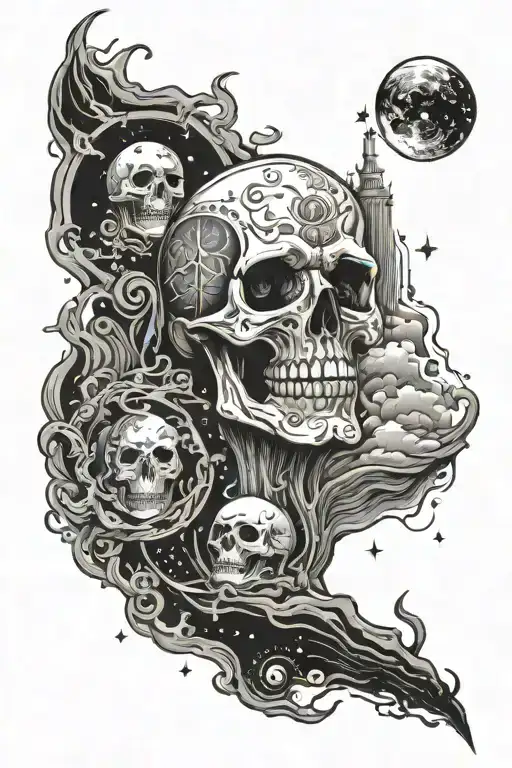 A hauntingly beautiful space scene with eerie horror elements, representing the darkness of depression tattoo design idea