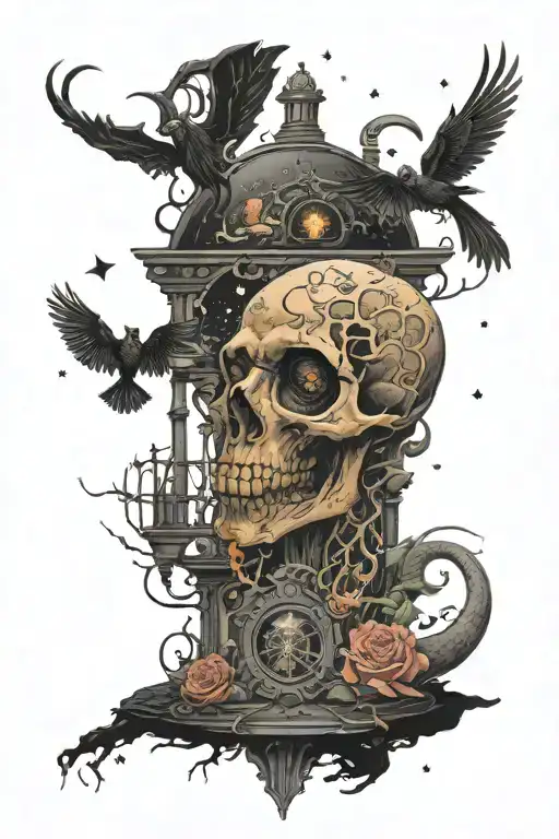 A hauntingly beautiful space scene with eerie horror elements, representing the darkness of depression tattoo design idea