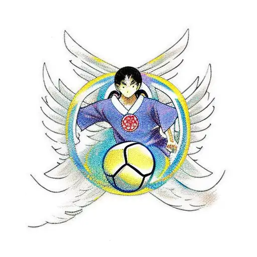 A beautiful anime-inspired angel playing soccer in a traditional Japanese temple, combining the client's interests in anime, religion, and soccer. tattoo design idea