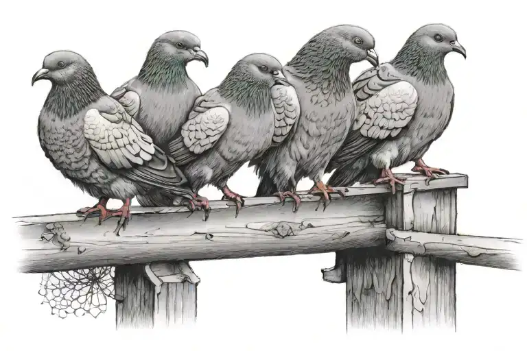 family of 3 pigeons on railing. one is baby pigeon about to fly away for first time or practicing flying.  tattoo design idea