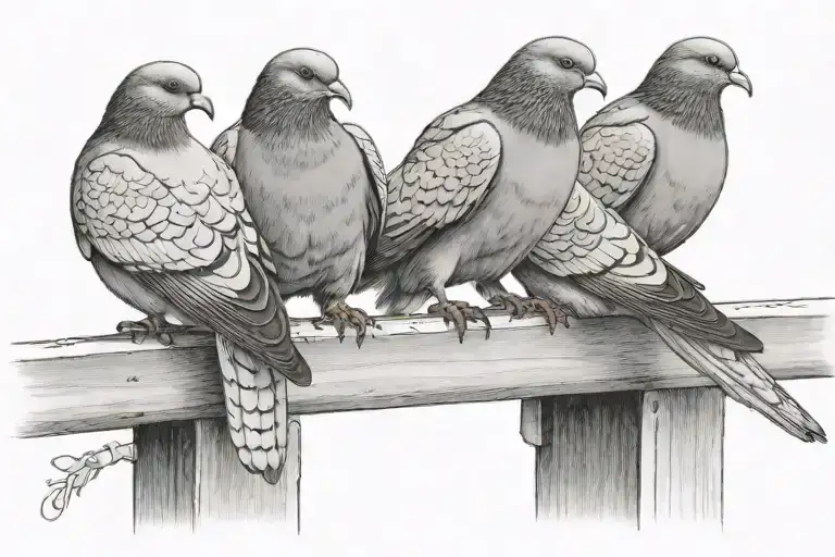 family of 3 pigeons on railing. one is baby pigeon about to fly away for first time or practicing flying.  tattoo design idea