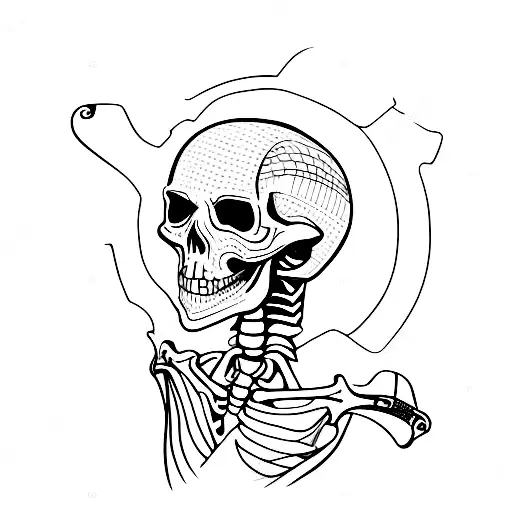 skeleton side profile, carrying skis on shoulder with hand on top. tattoo design idea