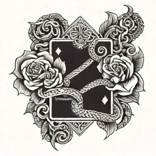 one rose, a snake, three monkey's sagess, three playing cards on an arms tattoo design idea