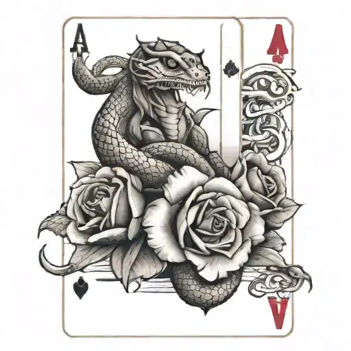 one rose, a snake, three monkey's sagess, three playing cards tattoo design idea