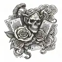 one rose, a snake, three monkey's sagess, three playing cards on an arms tattoo design idea