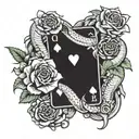 one rose, a snake, three monkey's sagess, three playing cards on an arms tattoo design idea