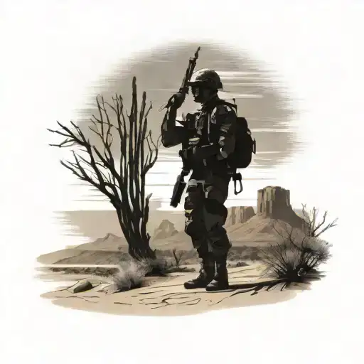 A Southwestern desert landscape with a silhouette of a soldier in uniform standing tall tattoo design idea