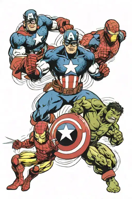 captain america, hulk, iron man, and spiderman action poses with military related flash tattoo design idea