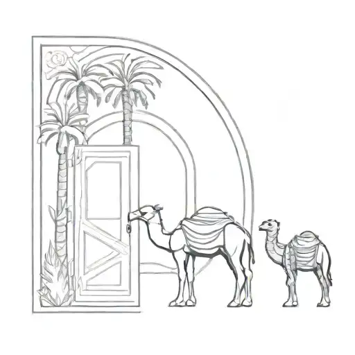 Moroccan door open with desert inside and camels and palm trees tattoo design idea