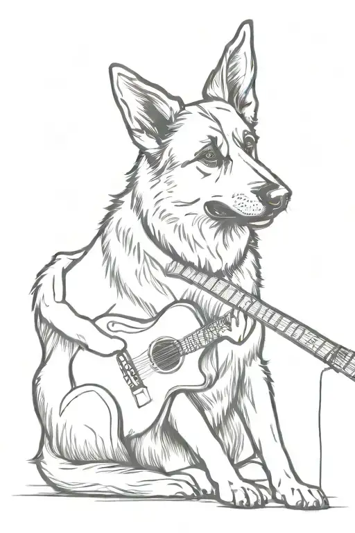 Sketch a German Shepherd playing a guitar to symbolize your passion for music and love for dogs tattoo design idea