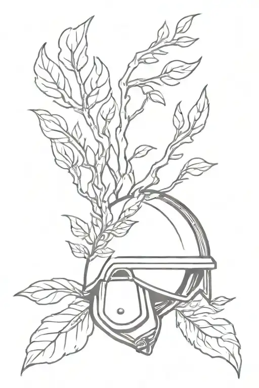 A sketch style tattoo of a veteran's helmet adorned with branches and leaves tattoo design idea