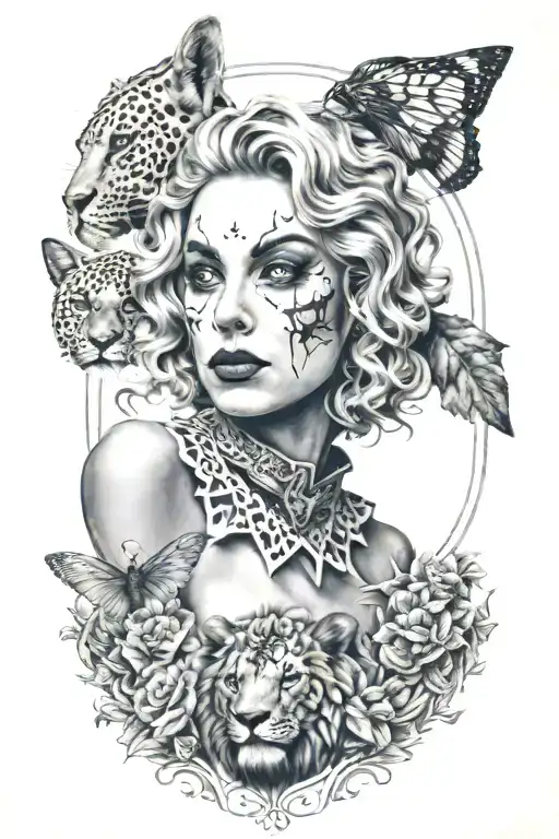Gemini female joker card Mexico honeycomb lion army outdoors tattoo design idea