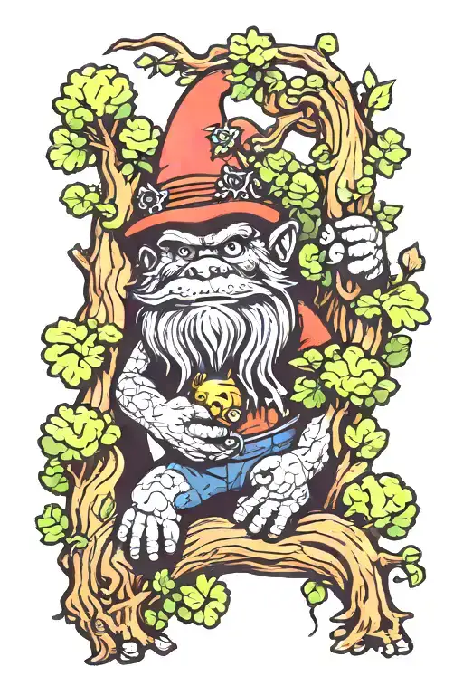 trees gnomes bigfoot peeking tattoo design idea