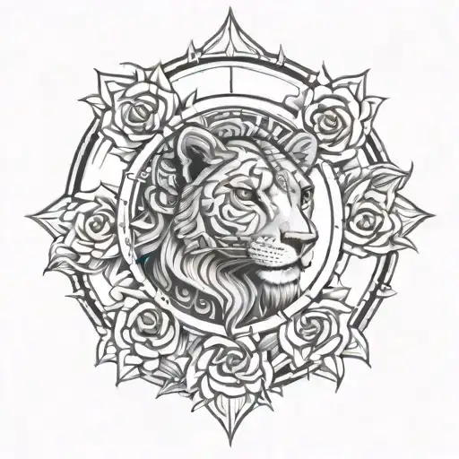 lioness, rose, sun and moon line drawing in a mandala style tattoo design idea