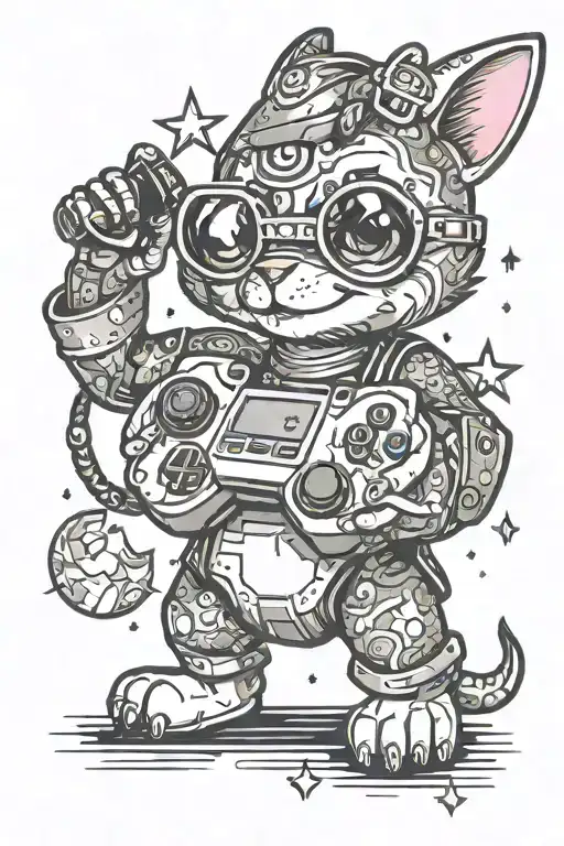 A tattoo design of a cute cartoon animal playing a video game controller, with magical elements like sparkles and stars surrounding them tattoo design idea