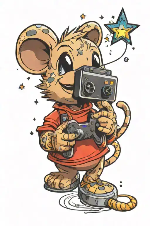 A tattoo design of a cute cartoon animal playing a video game controller, with magical elements like sparkles and stars surrounding them tattoo design idea