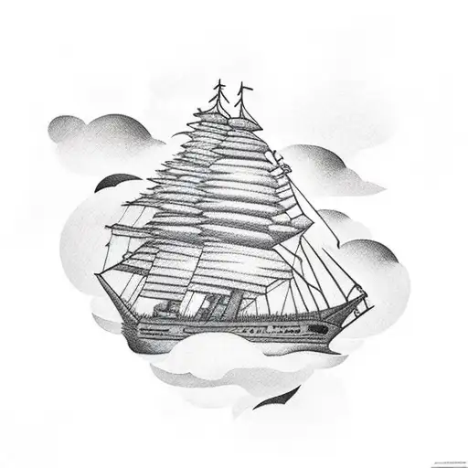 tree line in the clouds with a ship tattoo design idea