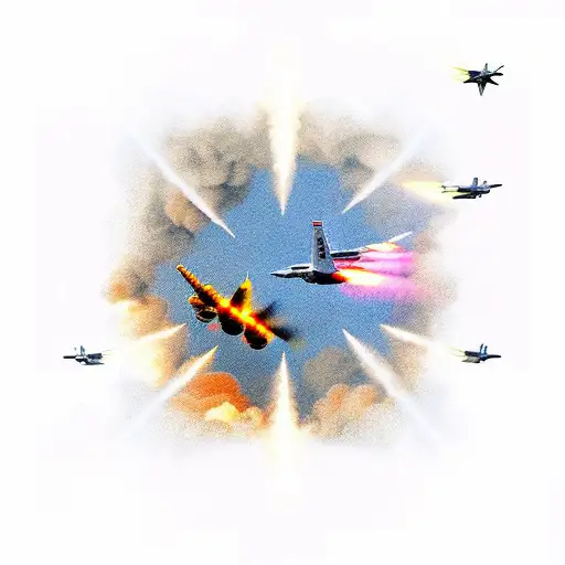 Explosive aerial dogfight between fighter jets tattoo design idea