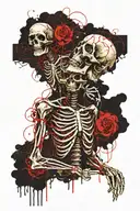 Two skeletons together, red thread, jealousy and aggression tattoo design idea
