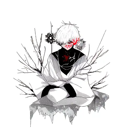 Create a blackwork tattoo design featuring the character Kaneki Ken from Tokyo Ghoul surrounded by winter-themed elements like snowflakes and icicles. tattoo design idea