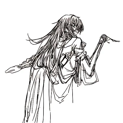 Create a tattoo design featuring Lelouch from Code Geass surrounded by a futuristic cityscape in dotwork style. tattoo design idea