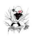 Create a blackwork tattoo design featuring the character Kaneki Ken from Tokyo Ghoul surrounded by winter-themed elements like snowflakes and icicles. tattoo design idea