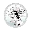 Create a blackwork tattoo design featuring the character Kaneki Ken from Tokyo Ghoul surrounded by winter-themed elements like snowflakes and icicles. tattoo design idea
