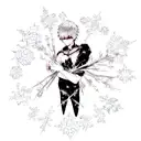 Create a blackwork tattoo design featuring the character Kaneki Ken from Tokyo Ghoul surrounded by winter-themed elements like snowflakes and icicles. tattoo design idea