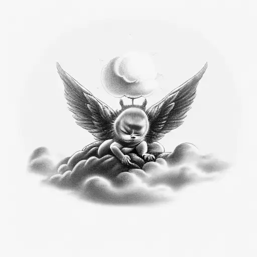  a small realistic tatoo of an cherubin resting on a cloud with his eyes closed in black and white with some light shado tattoo design idea