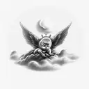  a small realistic tatoo of an cherubin resting on a cloud with his eyes closed in black and white with some light shado tattoo design idea