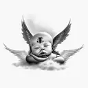  a small realistic tatoo of an cherubin resting on a cloud with his eyes closed in black and white with some light shado tattoo design idea