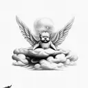  a small realistic tatoo of an cherubin resting on a cloud with his eyes closed in black and white with some light shado tattoo design idea