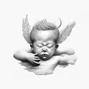  a small realistic tatoo of an cherubin resting on a cloud with his eyes closed in black and white with some light shado tattoo design idea