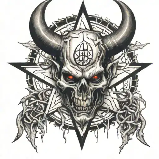 black and white devil in front of pentagram with 666 on it tattoo design idea
