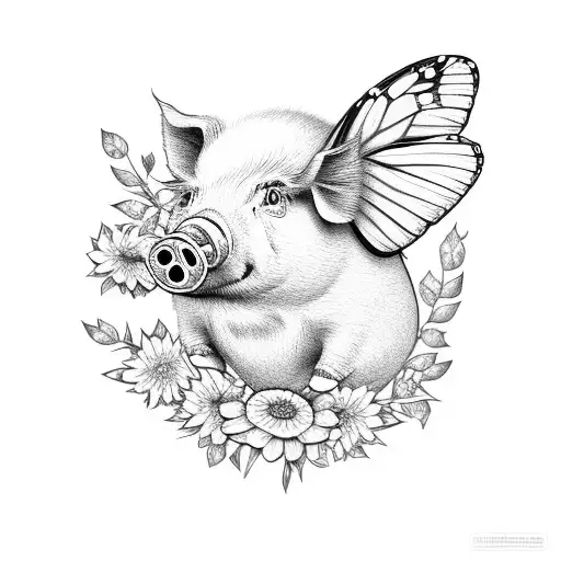 pig with a monarch butterfly and a flower tattoo design idea