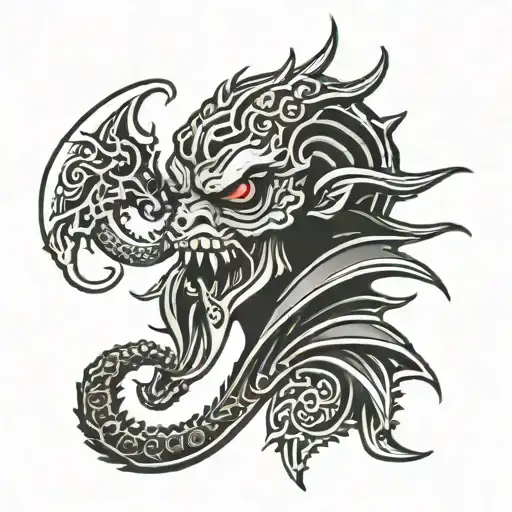 3/4 profile dark hanya mask with dagger in teeth claws and Cthulhu tattoo design idea