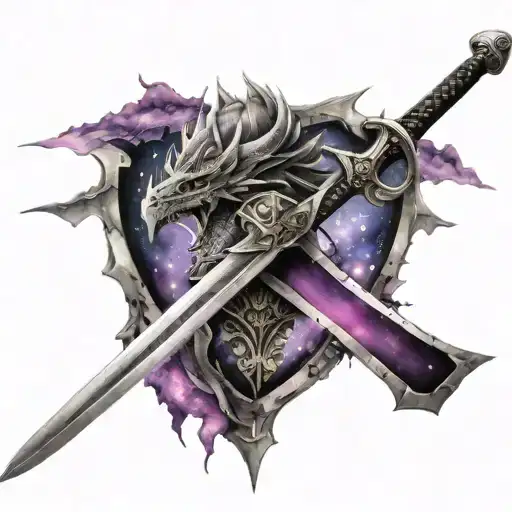 Black & Grey European Medieval Sword, Mountains (Alps), Knight Helmet, Dragon, & a Splash of Purple Galaxy tattoo design idea
