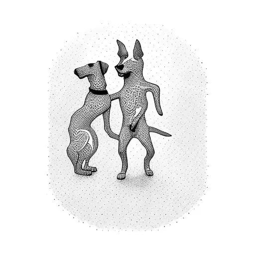 A dotwork silhouette of a dog dancing with its owner, capturing the joy and connection between them tattoo design idea