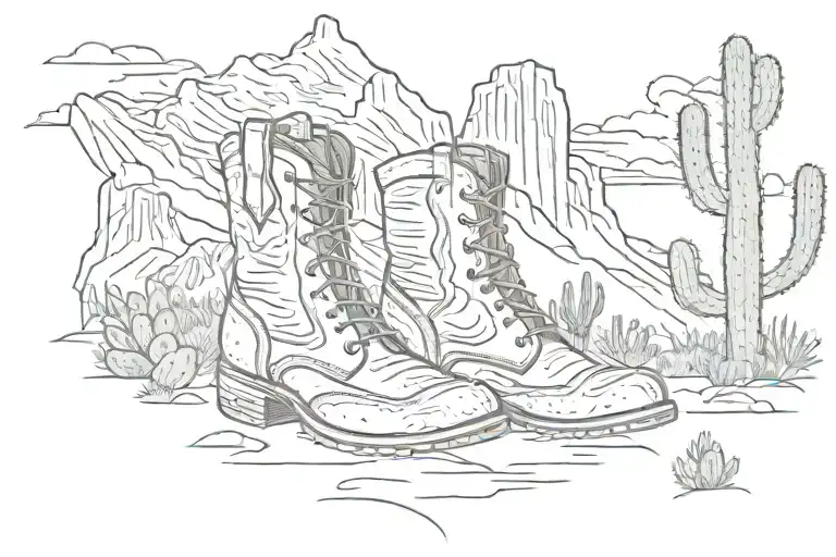 mountains with cactus and cowboy boots  tattoo design idea