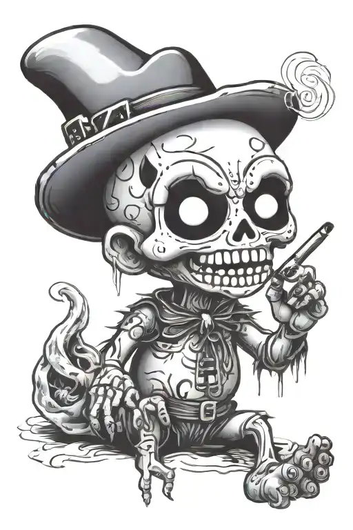evil gothic voodoo doll smoking a joint with hot backwards holding the middle finger up tattoo design idea