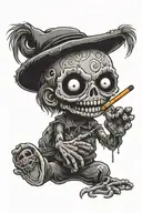 evil gothic voodoo doll smoking a joint with hot backwards holding the middle finger up tattoo design idea