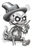 evil gothic voodoo doll smoking a joint with hot backwards holding the middle finger up tattoo design idea