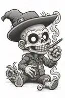 evil gothic voodoo doll smoking a joint with hot backwards holding the middle finger up tattoo design idea