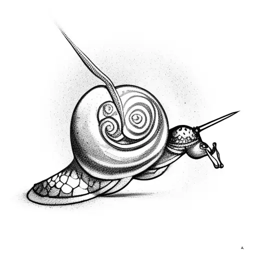 An enchanted snail climbing a mountain peak with a magical staff tattoo design idea