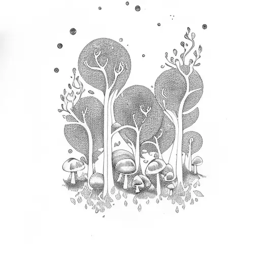 A mystical forest with snails and fairies amidst towering mushrooms tattoo design idea