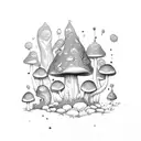 A mystical forest with snails and fairies amidst towering mushrooms tattoo design idea