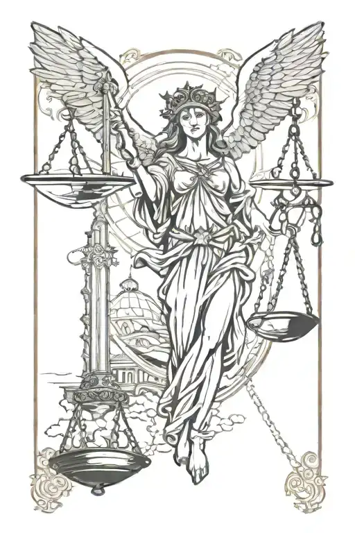 symmetrical design, lady justice blindfolded, biblical theme, seraph and gothic cathedral background tattoo design idea