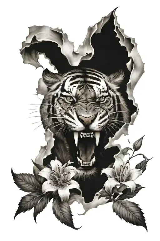 saber tooth tiger roaring looking directly straight surrounded by a lili flowers  tattoo design idea