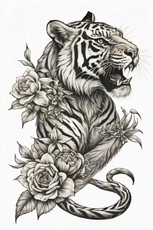 A sleeve tattoo for the left arm with a saber tooth tiger in the centre surrounded by a lilli flowers  tattoo design idea