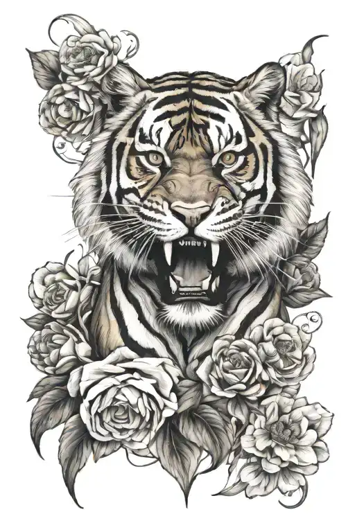 A sleeve tattoo for the left arm with a saber tooth tiger in the centre surrounded by a lilli flowers  tattoo design idea